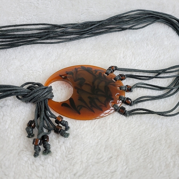 String Tie Belt Black Beaded Fringe Knot Boho Vintage Brown Tortoise Shell Loop - Picture 3 of 7